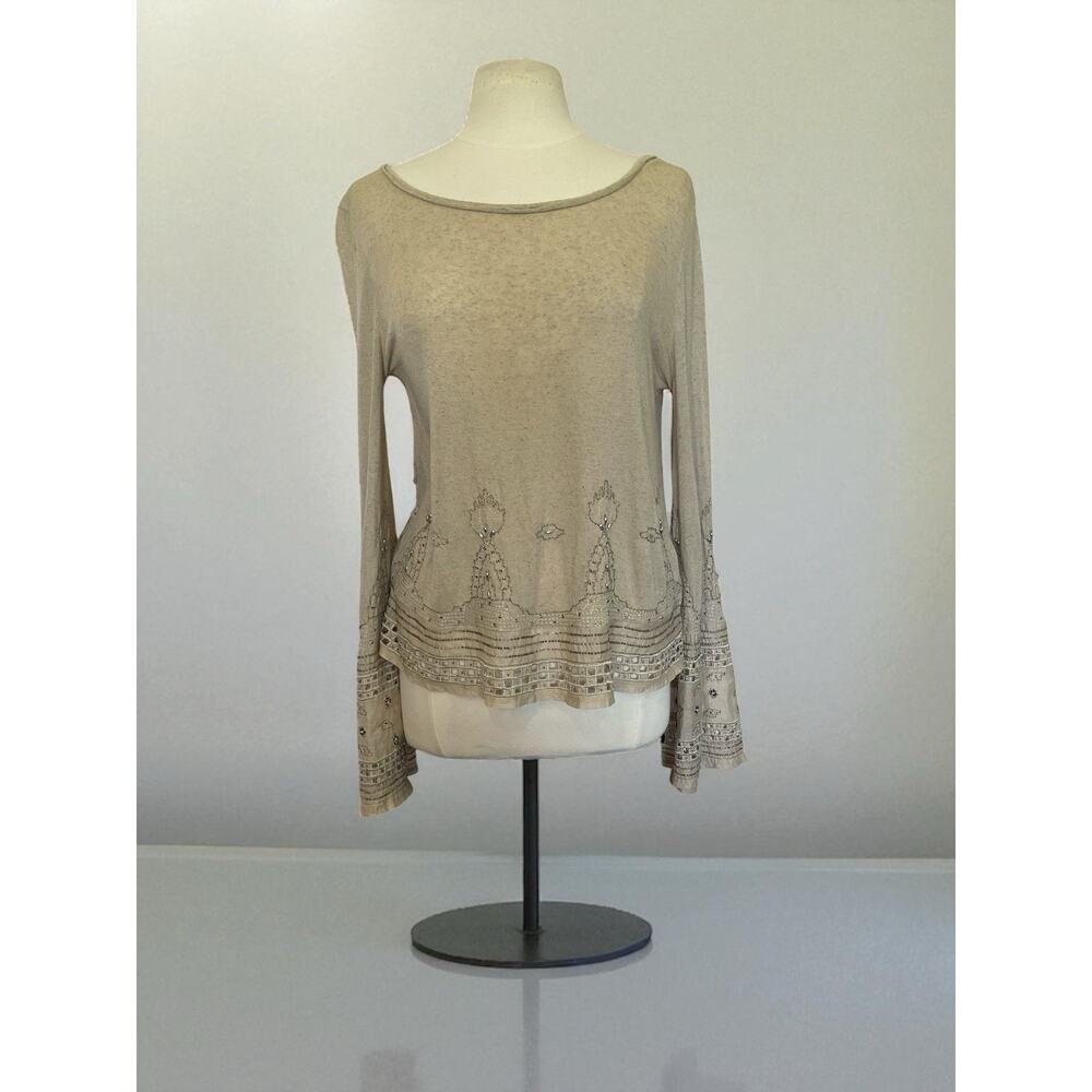 Women's Free People Split Back Linen Blend Beige Top Shirt Blouse Size Medium